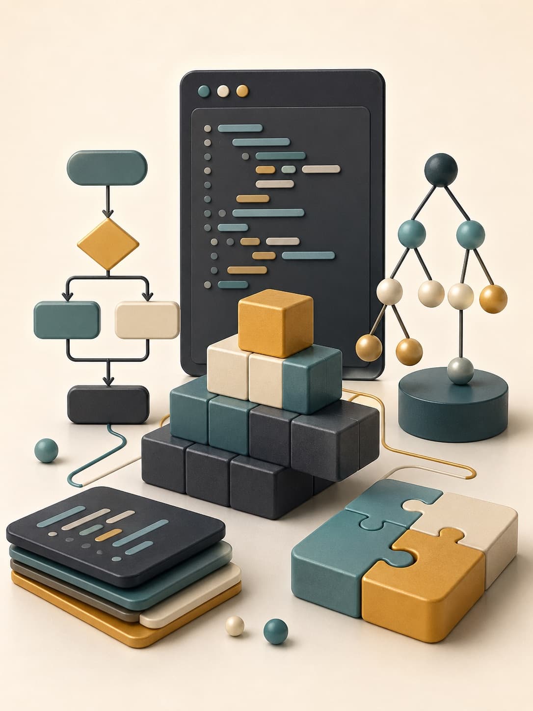Abstrakte Informatik-Illustration mit modularen Code- und Logikbausteinen