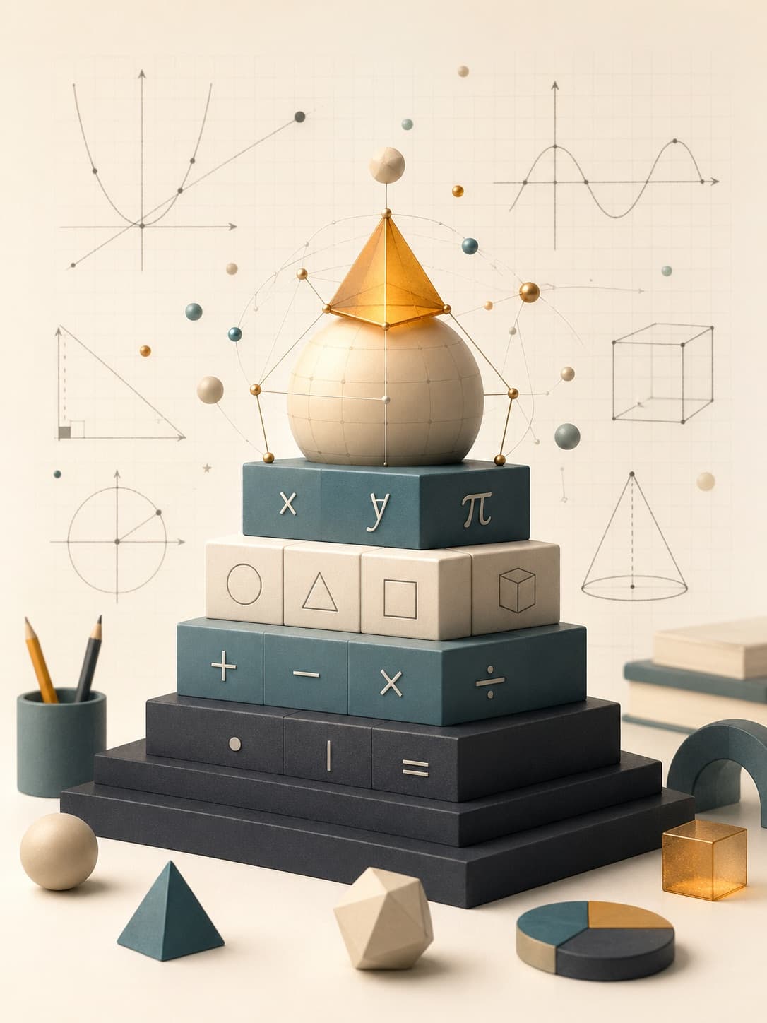Abstrakte Mathematik-Illustration mit Formen, Symbolen und Grundlagenmotiven