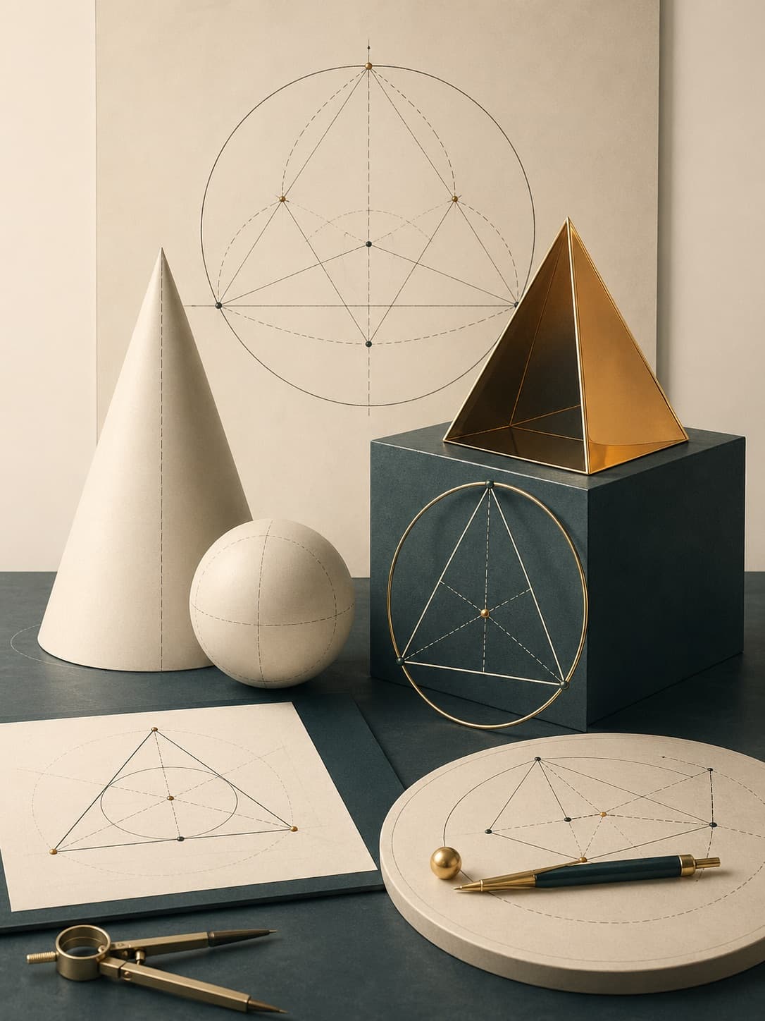 Geometrische Illustration mit Körpern, Zirkel und Konstruktionslinien