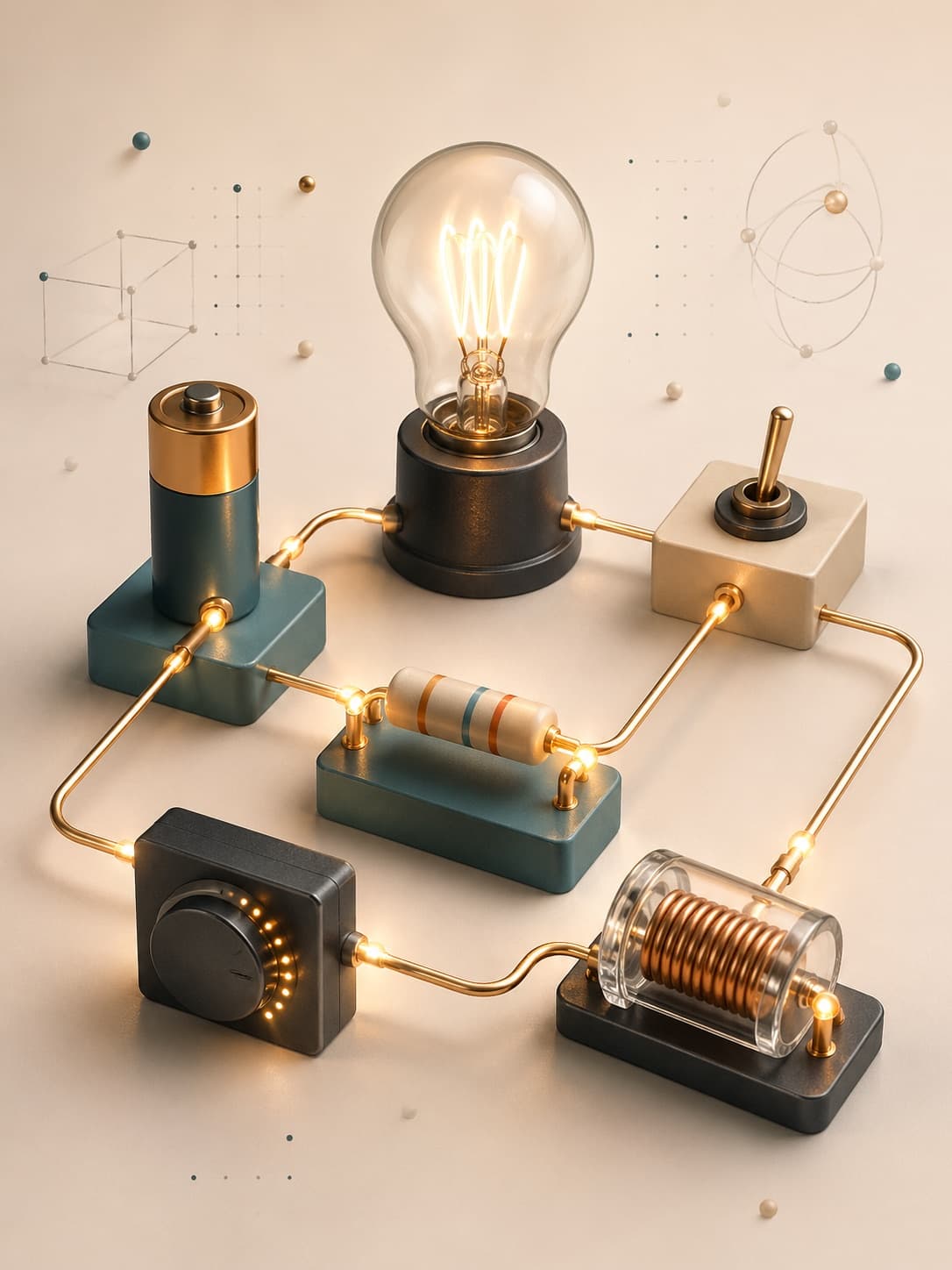 Illustration eines abstrahierten Stromkreises mit Lampe und Bauteilen