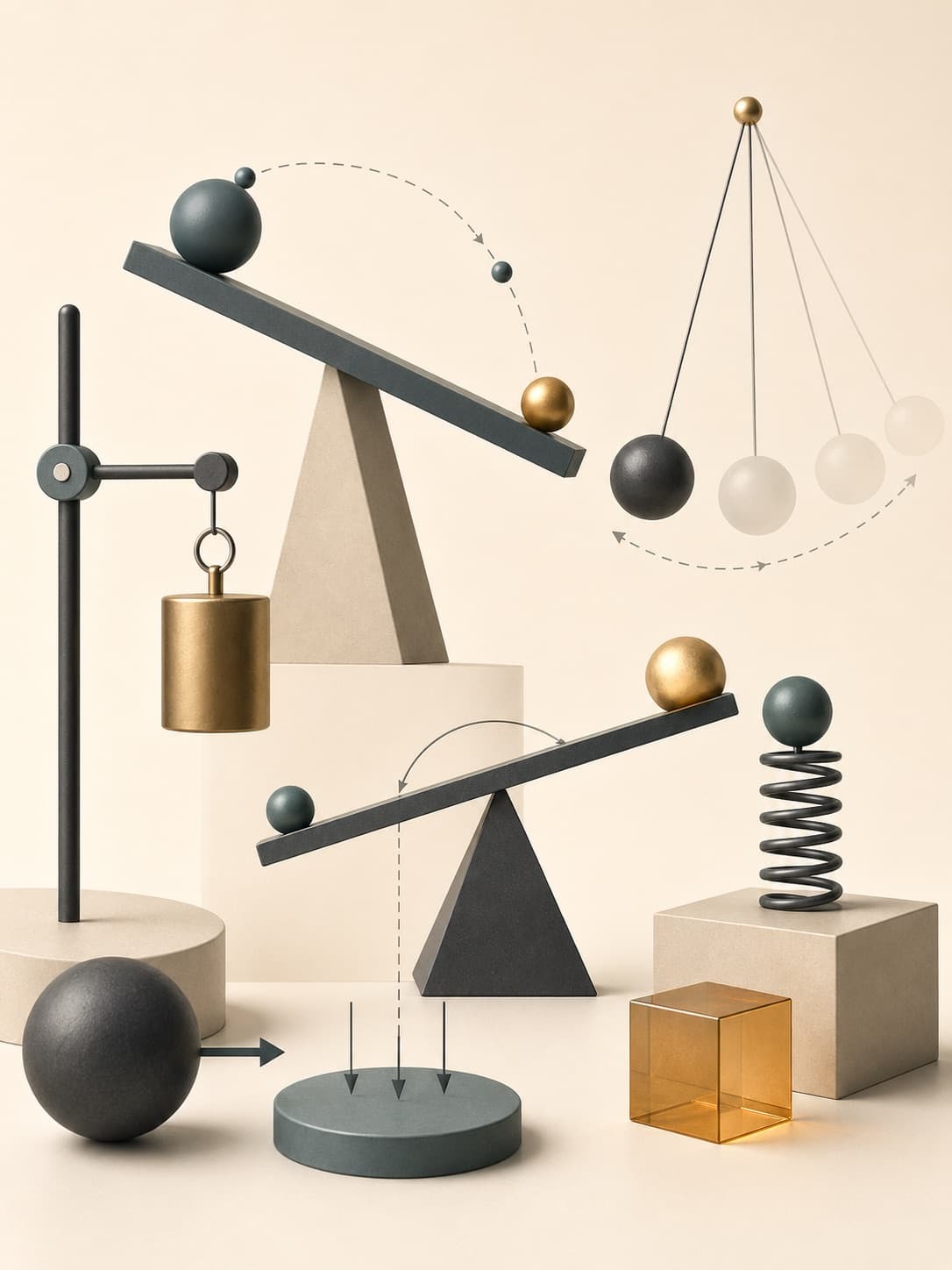 Physik-Illustration mit Hebeln, Pendel und Bewegungsbahnen